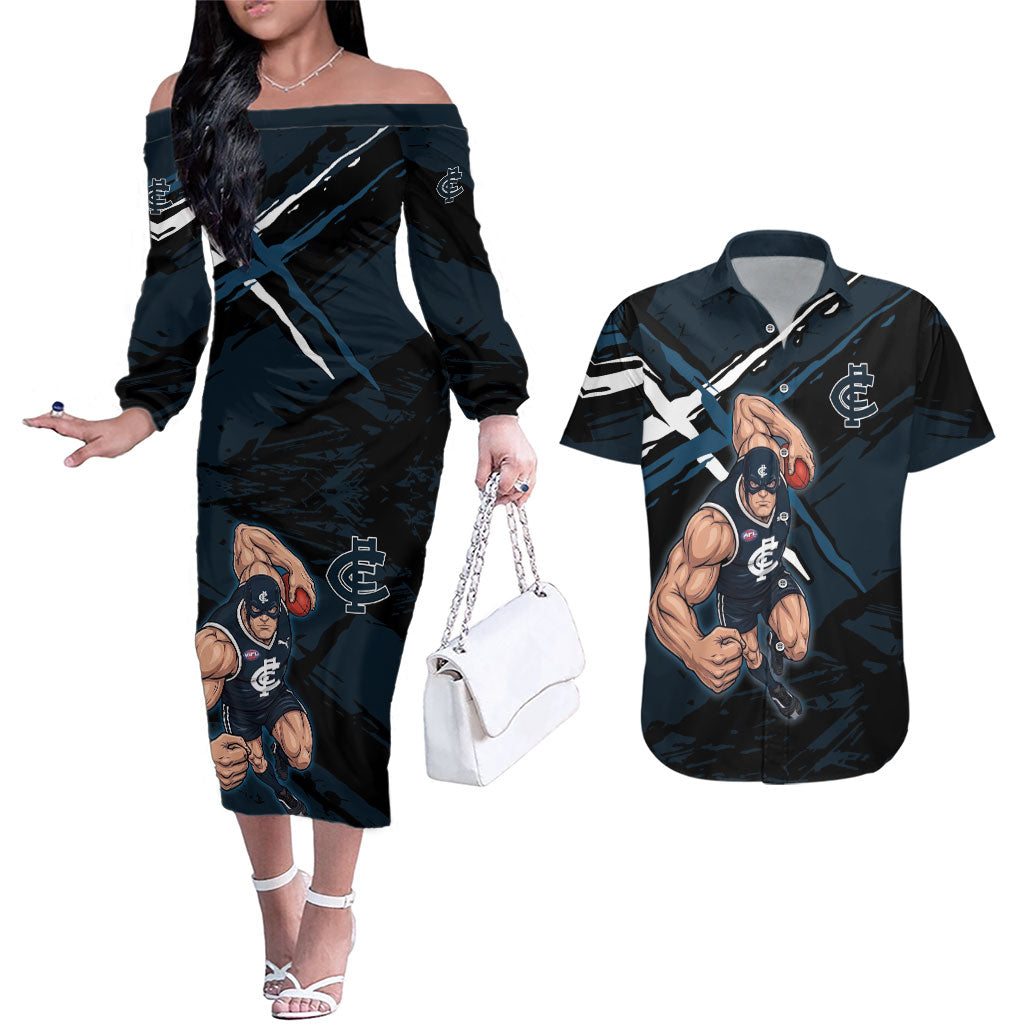 Carlton Football Club Couples Matching Off The Shoulder Long Sleeve Dress and Hawaiian Shirt Blues Muscular Mascot Graphic - Abstract Paint Splatter Art