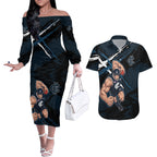 Carlton Football Club Couples Matching Off The Shoulder Long Sleeve Dress and Hawaiian Shirt Blues Muscular Mascot Graphic - Abstract Paint Splatter Art