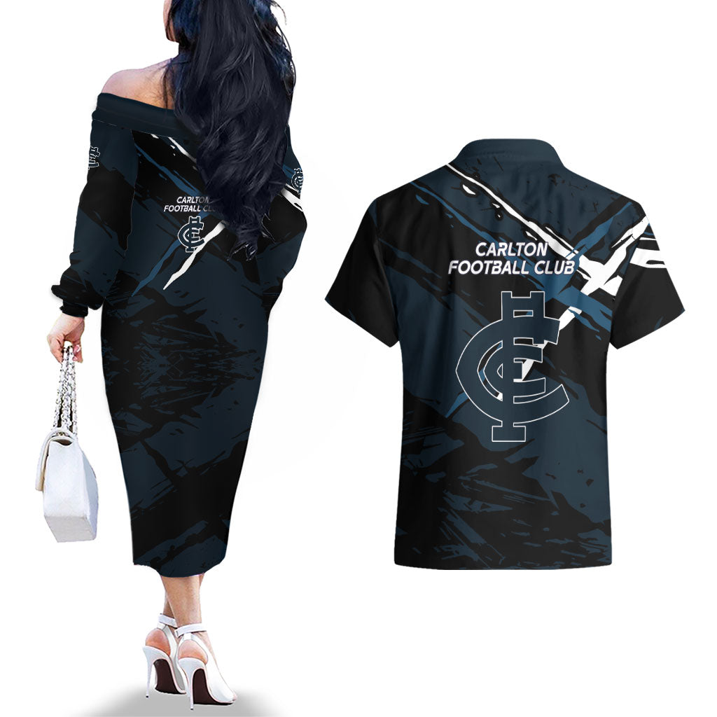 Carlton Football Club Couples Matching Off The Shoulder Long Sleeve Dress and Hawaiian Shirt Blues Muscular Mascot Graphic - Abstract Paint Splatter Art