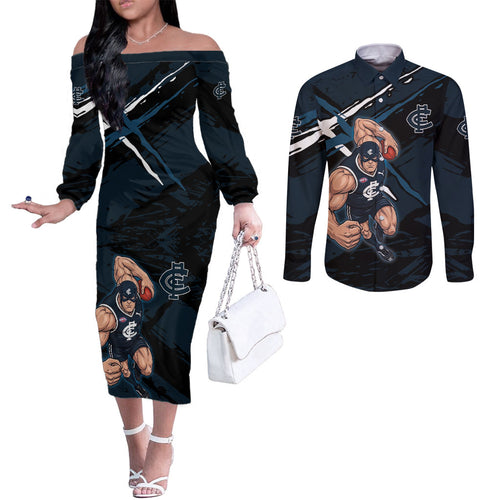 Carlton Football Club Couples Matching Off The Shoulder Long Sleeve Dress and Long Sleeve Button Shirt Blues Muscular Mascot Graphic - Abstract Paint Splatter Art