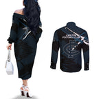 Carlton Football Club Couples Matching Off The Shoulder Long Sleeve Dress and Long Sleeve Button Shirt Blues Muscular Mascot Graphic - Abstract Paint Splatter Art