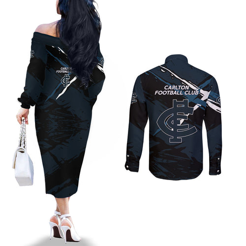 Carlton Football Club Couples Matching Off The Shoulder Long Sleeve Dress and Long Sleeve Button Shirt Blues Muscular Mascot Graphic - Abstract Paint Splatter Art