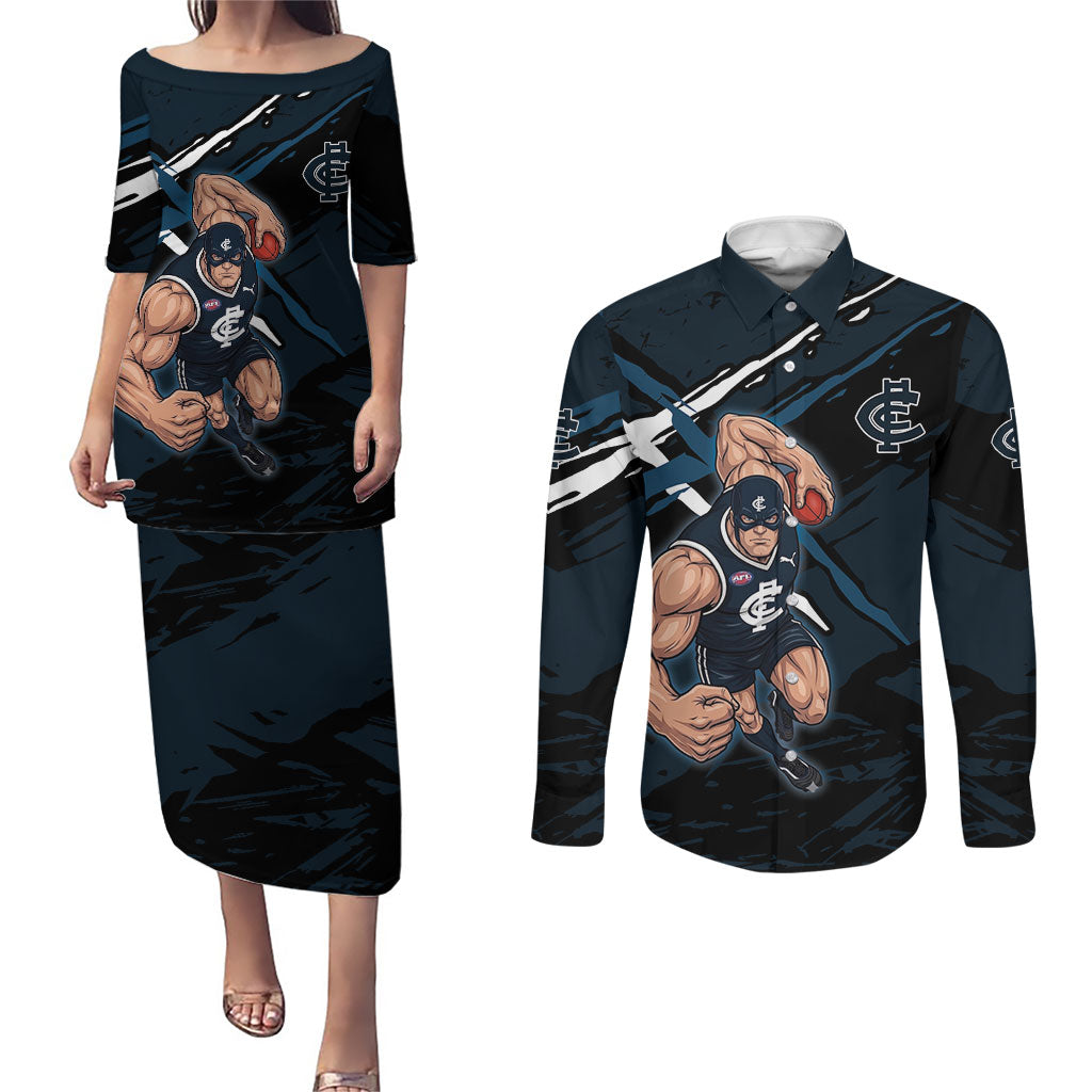 Carlton Football Club Couples Matching Puletasi and Long Sleeve Button Shirt Blues Muscular Mascot Graphic - Abstract Paint Splatter Art