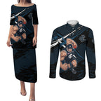 Carlton Football Club Couples Matching Puletasi and Long Sleeve Button Shirt Blues Muscular Mascot Graphic - Abstract Paint Splatter Art