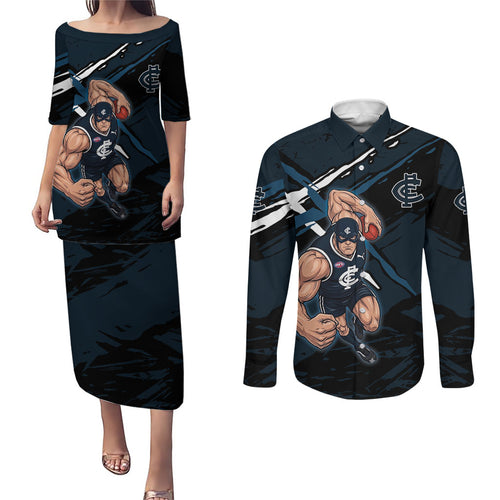 Carlton Football Club Couples Matching Puletasi and Long Sleeve Button Shirt Blues Muscular Mascot Graphic - Abstract Paint Splatter Art