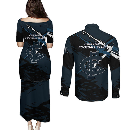Carlton Football Club Couples Matching Puletasi and Long Sleeve Button Shirt Blues Muscular Mascot Graphic - Abstract Paint Splatter Art