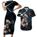 Carlton Football Club Couples Matching Short Sleeve Bodycon Dress and Hawaiian Shirt Blues Muscular Mascot Graphic - Abstract Paint Splatter Art