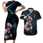 Carlton Football Club Couples Matching Short Sleeve Bodycon Dress and Hawaiian Shirt Blues Muscular Mascot Graphic - Abstract Paint Splatter Art