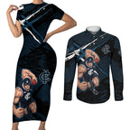 Carlton Football Club Couples Matching Short Sleeve Bodycon Dress and Long Sleeve Button Shirt Blues Muscular Mascot Graphic - Abstract Paint Splatter Art
