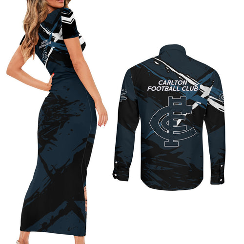 Carlton Football Club Couples Matching Short Sleeve Bodycon Dress and Long Sleeve Button Shirt Blues Muscular Mascot Graphic - Abstract Paint Splatter Art