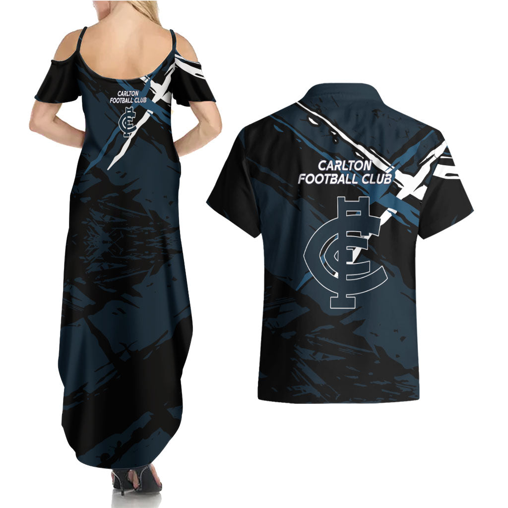 Carlton Football Club Couples Matching Summer Maxi Dress and Hawaiian Shirt Blues Muscular Mascot Graphic - Abstract Paint Splatter Art