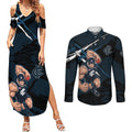 Carlton Football Club Couples Matching Summer Maxi Dress and Long Sleeve Button Shirt Blues Muscular Mascot Graphic - Abstract Paint Splatter Art