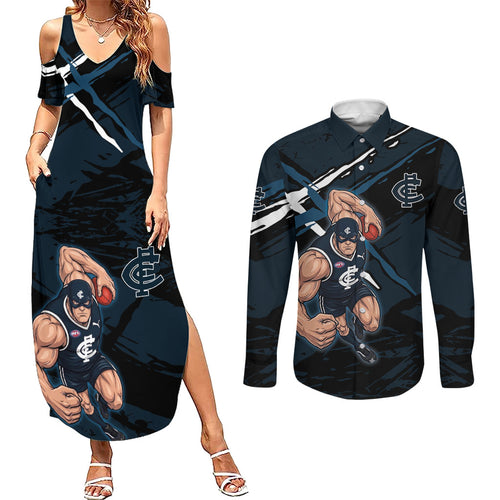 Carlton Football Club Couples Matching Summer Maxi Dress and Long Sleeve Button Shirt Blues Muscular Mascot Graphic - Abstract Paint Splatter Art