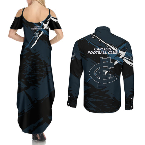 Carlton Football Club Couples Matching Summer Maxi Dress and Long Sleeve Button Shirt Blues Muscular Mascot Graphic - Abstract Paint Splatter Art