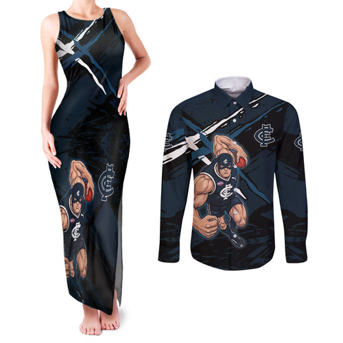 Carlton Football Club Couples Matching Tank Maxi Dress and Long Sleeve Button Shirt Blues Muscular Mascot Graphic - Abstract Paint Splatter Art