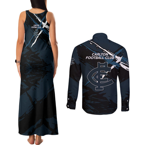 Carlton Football Club Couples Matching Tank Maxi Dress and Long Sleeve Button Shirt Blues Muscular Mascot Graphic - Abstract Paint Splatter Art