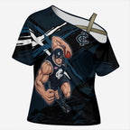 Carlton Football Club Cross Shoulder Shirt Blues Muscular Mascot Graphic - Abstract Paint Splatter Art