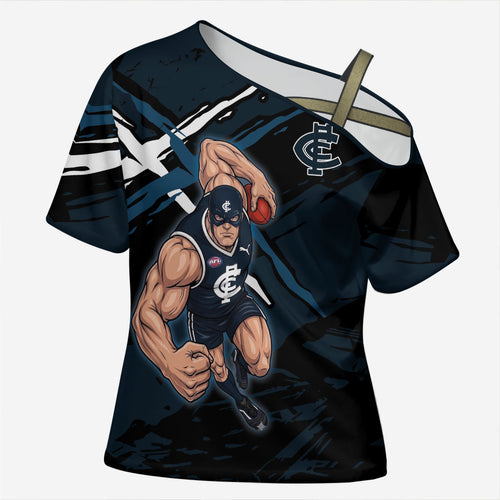 Carlton Football Club Cross Shoulder Shirt Blues Muscular Mascot Graphic - Abstract Paint Splatter Art