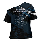 Carlton Football Club Cross Shoulder Shirt Blues Muscular Mascot Graphic - Abstract Paint Splatter Art