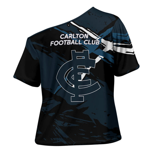 Carlton Football Club Cross Shoulder Shirt Blues Muscular Mascot Graphic - Abstract Paint Splatter Art