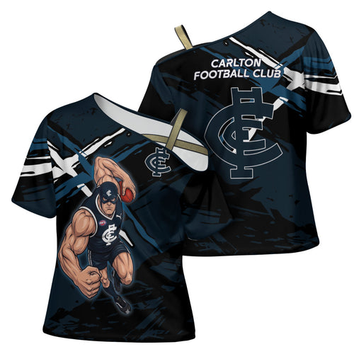 Carlton Football Club Cross Shoulder Shirt Blues Muscular Mascot Graphic - Abstract Paint Splatter Art