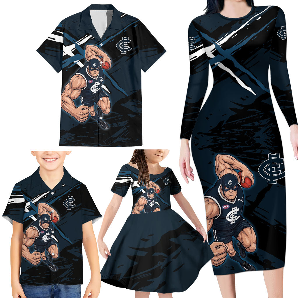 Carlton Football Club Family Matching Long Sleeve Bodycon Dress and Hawaiian Shirt Blues Muscular Mascot Graphic - Abstract Paint Splatter Art