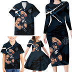 Carlton Football Club Family Matching Long Sleeve Bodycon Dress and Hawaiian Shirt Blues Muscular Mascot Graphic - Abstract Paint Splatter Art