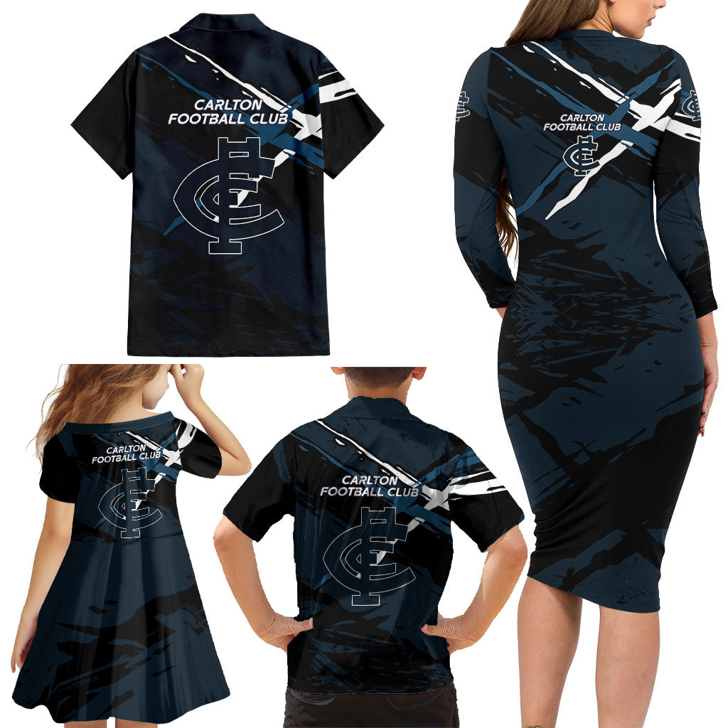Carlton Football Club Family Matching Long Sleeve Bodycon Dress and Hawaiian Shirt Blues Muscular Mascot Graphic - Abstract Paint Splatter Art