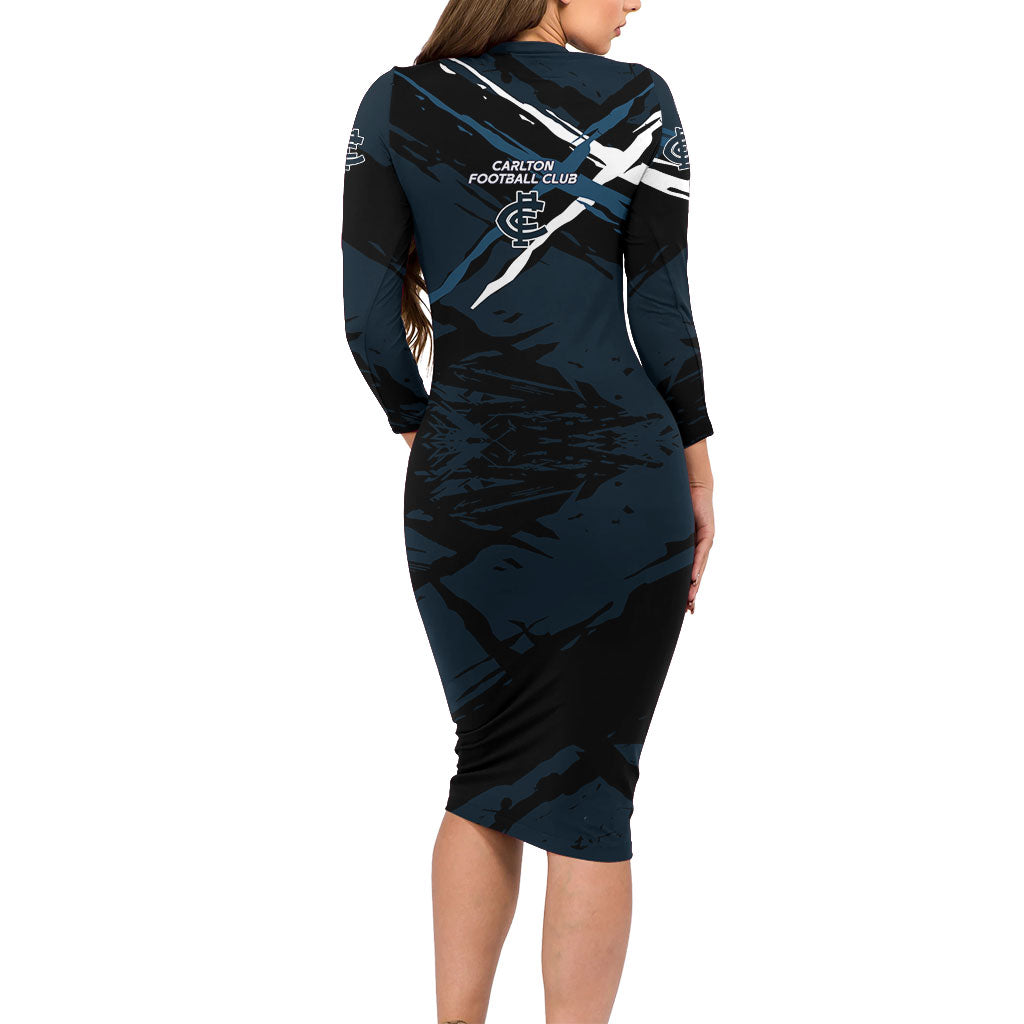 Carlton Football Club Family Matching Long Sleeve Bodycon Dress and Hawaiian Shirt Blues Muscular Mascot Graphic - Abstract Paint Splatter Art