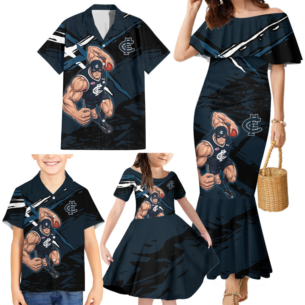 Carlton Football Club Family Matching Mermaid Dress and Hawaiian Shirt Blues Muscular Mascot Graphic - Abstract Paint Splatter Art