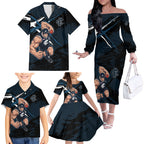 Carlton Football Club Family Matching Off The Shoulder Long Sleeve Dress and Hawaiian Shirt Blues Muscular Mascot Graphic - Abstract Paint Splatter Art
