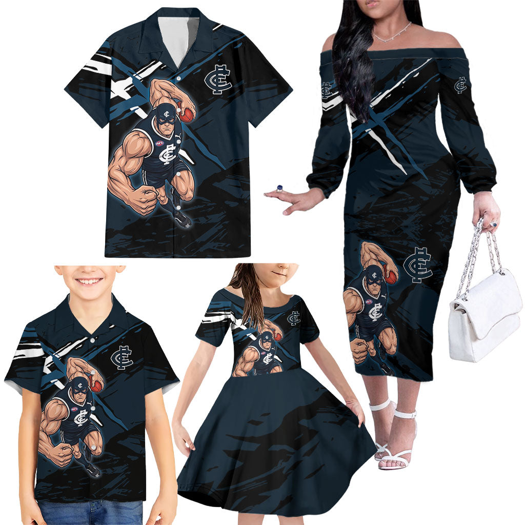 Carlton Football Club Family Matching Off The Shoulder Long Sleeve Dress and Hawaiian Shirt Blues Muscular Mascot Graphic - Abstract Paint Splatter Art