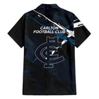 Carlton Football Club Family Matching Off The Shoulder Long Sleeve Dress and Hawaiian Shirt Blues Muscular Mascot Graphic - Abstract Paint Splatter Art