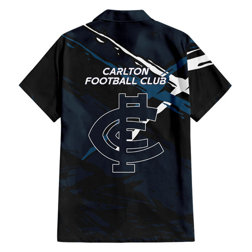 Carlton Football Club Family Matching Off The Shoulder Long Sleeve Dress and Hawaiian Shirt Blues Muscular Mascot Graphic - Abstract Paint Splatter Art