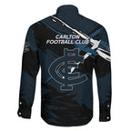 Carlton Football Club Family Matching Off The Shoulder Long Sleeve Dress and Hawaiian Shirt Blues Muscular Mascot Graphic - Abstract Paint Splatter Art