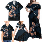 Carlton Football Club Family Matching Off Shoulder Maxi Dress and Hawaiian Shirt Blues Muscular Mascot Graphic - Abstract Paint Splatter Art