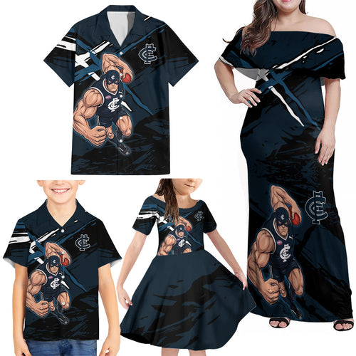 Carlton Football Club Family Matching Off Shoulder Maxi Dress and Hawaiian Shirt Blues Muscular Mascot Graphic - Abstract Paint Splatter Art