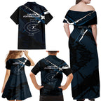Carlton Football Club Family Matching Off Shoulder Maxi Dress and Hawaiian Shirt Blues Muscular Mascot Graphic - Abstract Paint Splatter Art