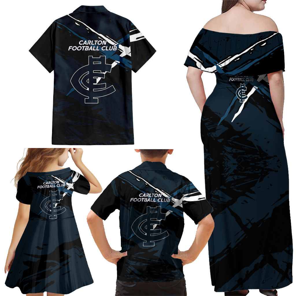 Carlton Football Club Family Matching Off Shoulder Maxi Dress and Hawaiian Shirt Blues Muscular Mascot Graphic - Abstract Paint Splatter Art