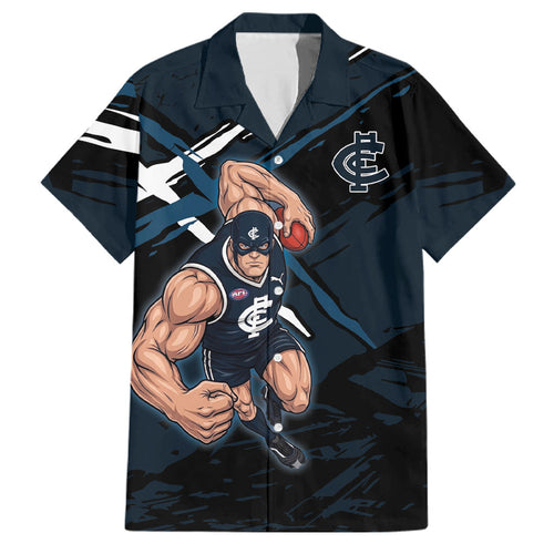 Carlton Football Club Family Matching Off Shoulder Maxi Dress and Hawaiian Shirt Blues Muscular Mascot Graphic - Abstract Paint Splatter Art