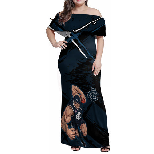 Carlton Football Club Family Matching Off Shoulder Maxi Dress and Hawaiian Shirt Blues Muscular Mascot Graphic - Abstract Paint Splatter Art