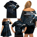Carlton Football Club Family Matching Off Shoulder Short Dress and Hawaiian Shirt Blues Muscular Mascot Graphic - Abstract Paint Splatter Art