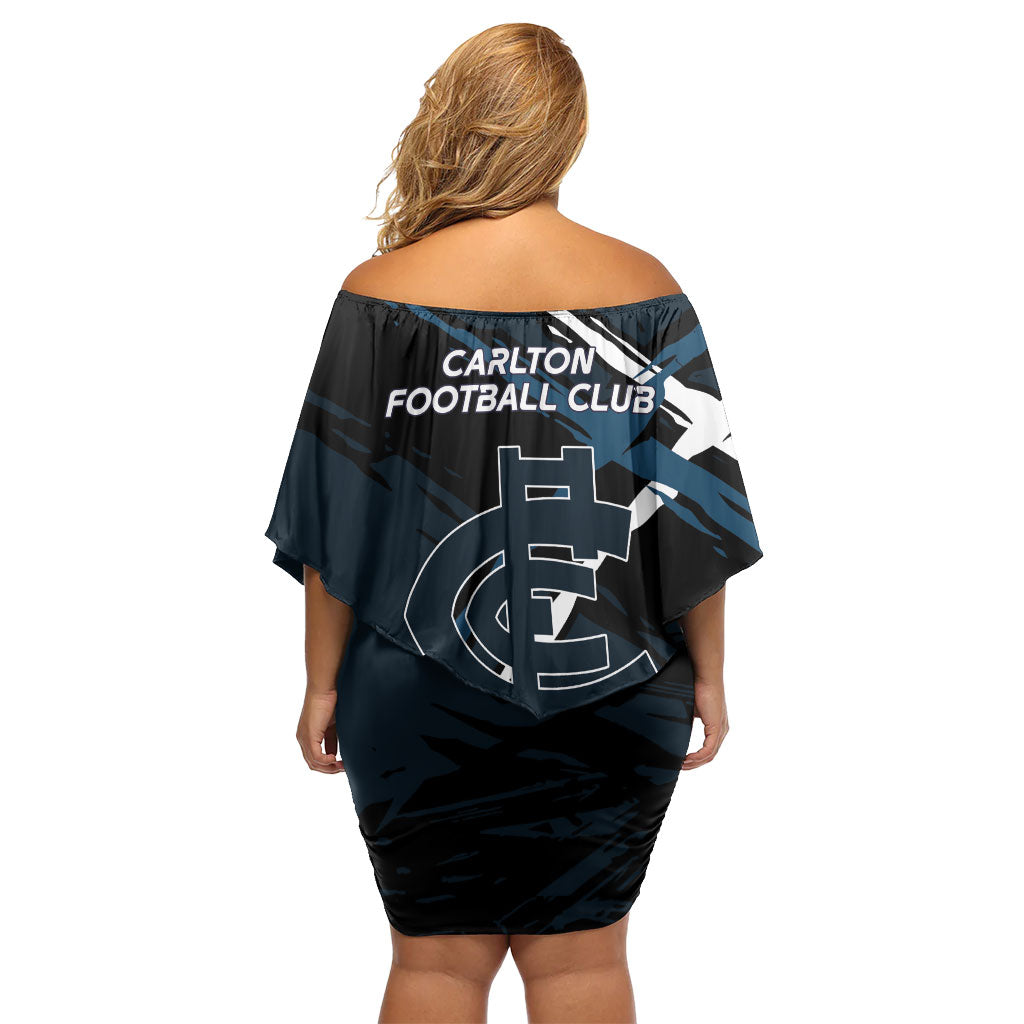 Carlton Football Club Family Matching Off Shoulder Short Dress and Hawaiian Shirt Blues Muscular Mascot Graphic - Abstract Paint Splatter Art