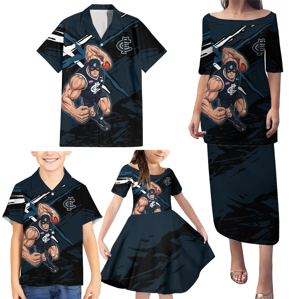 Carlton Football Club Family Matching Puletasi and Hawaiian Shirt Blues Muscular Mascot Graphic - Abstract Paint Splatter Art