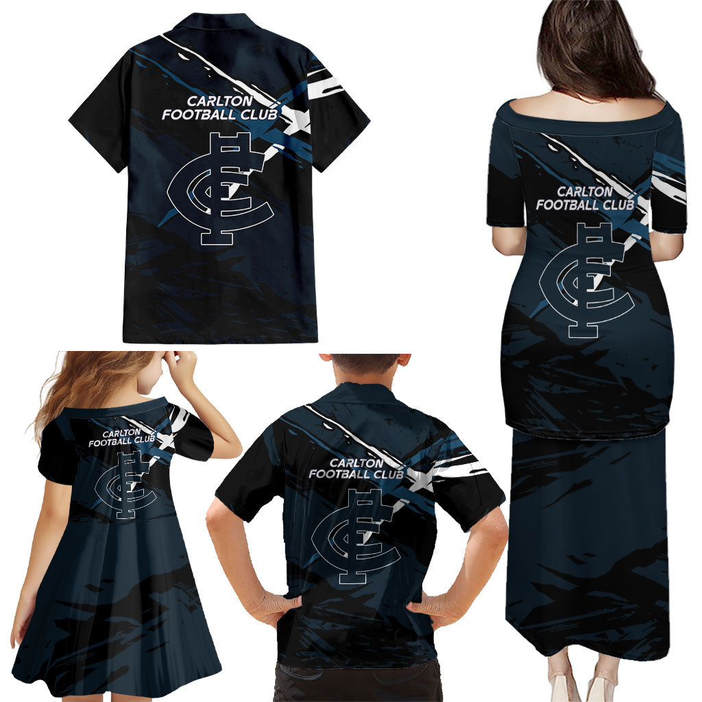 Carlton Football Club Family Matching Puletasi and Hawaiian Shirt Blues Muscular Mascot Graphic - Abstract Paint Splatter Art