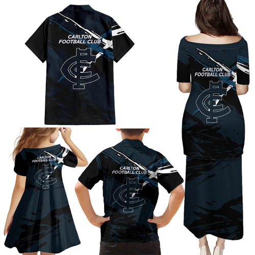 Carlton Football Club Family Matching Puletasi and Hawaiian Shirt Blues Muscular Mascot Graphic - Abstract Paint Splatter Art