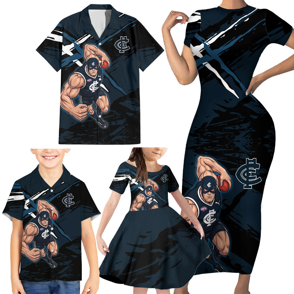 Carlton Football Club Family Matching Short Sleeve Bodycon Dress and Hawaiian Shirt Blues Muscular Mascot Graphic - Abstract Paint Splatter Art