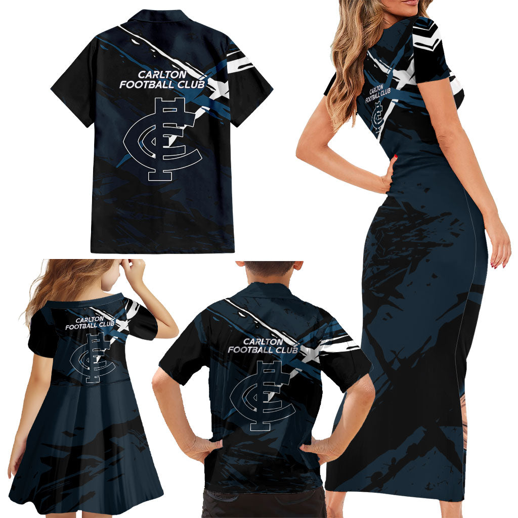 Carlton Football Club Family Matching Short Sleeve Bodycon Dress and Hawaiian Shirt Blues Muscular Mascot Graphic - Abstract Paint Splatter Art