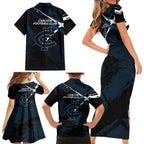 Carlton Football Club Family Matching Short Sleeve Bodycon Dress and Hawaiian Shirt Blues Muscular Mascot Graphic - Abstract Paint Splatter Art