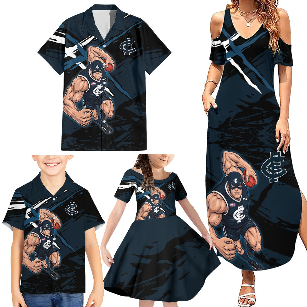 Carlton Football Club Family Matching Summer Maxi Dress and Hawaiian Shirt Blues Muscular Mascot Graphic - Abstract Paint Splatter Art